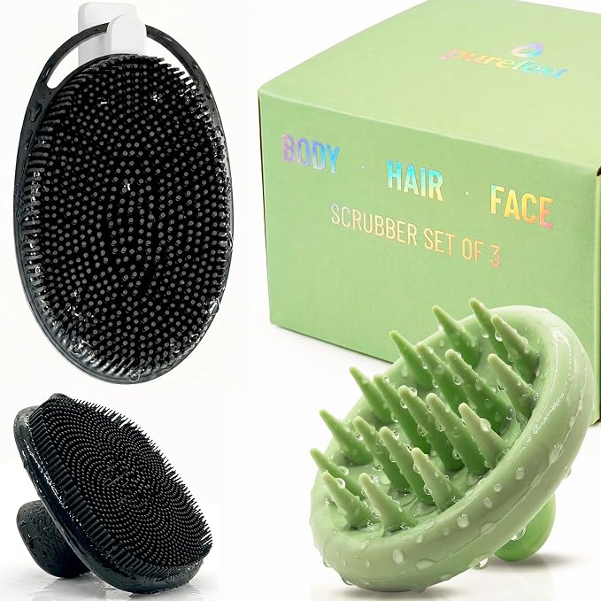 3-in-1 Silicone Scrubber Set – Exfoliating Body Scrubber, Scalp Massager Shampoo Brush & Facial Cleansing Pad – Hygienic Shower Loofah Alternative for Men & Women (3 Pack)