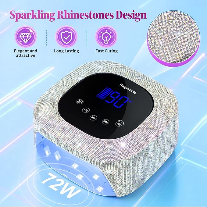 HUGMAPLE Cordless UV LED Nail Lamp, 72W Diamond Rechargeable Nail Dryer | With Sparkling Silver Diamond,Fast Curing Light for Gel Nails,4 Timer Settings, Mirror Base, Touch Control for Salon & Home