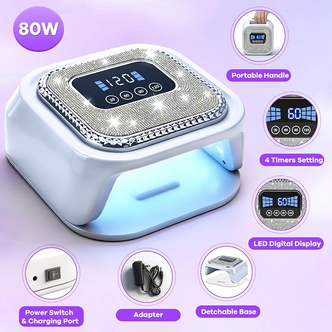 UV LED Nail Lamp 80W,Professional Gel Nail Dryer with Rhinestone,4 Timers,Auto Sensor,36 LED Beads,Fast Curing UV Light for All Gel Polishes,Manicure Pedicure Lamp for Home & Salon Use Nail Art Tool