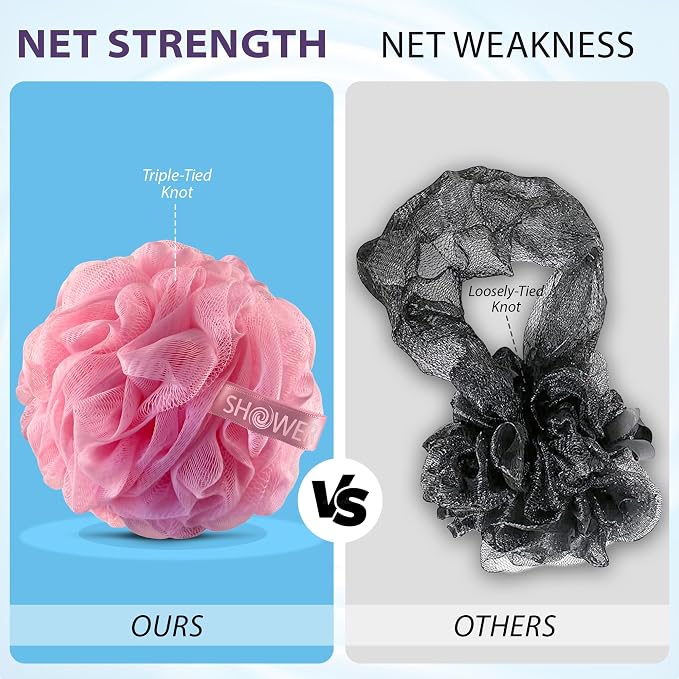 SHOWER BOUQUET Pink-Loofah Bath-Sponge XL 4-Pack // Extra Large 75g | Soft Mesh Pink Luffa Loufa Loofa Puff Set, Exfoliating Body Scrubber Lufas for Women and Men Face & Body Shower Loofah Sponge