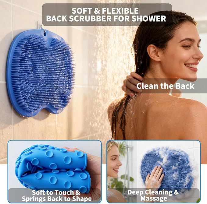 Shower Foot Scrubber Mat with 3 Types of Upgraded Brushes for Massage, Shower Back Scrubber with Micro Suction Cups,Back Washer,Shower Scrubber for Body at Home Spa (Sky Blue)