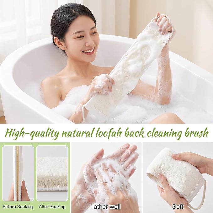 Back Scrubber, Natural Loofah Shower Strap with Oval Bath Pads Set | Long Handle Back Access, Natural Fibre Texture, Oval Wash Pads, Shower Use, Home And Travel Convenience
