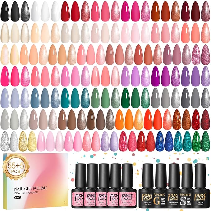 PEACECOLOR 60Pcs Gel Nail Polish Set - 55 Colors Gel Polish with Base Coat & 4 Effects Top Coat All Seasons Color Nail Polish Set Nail Kit Gifts for Women Girls Teens Nail Salon at Home