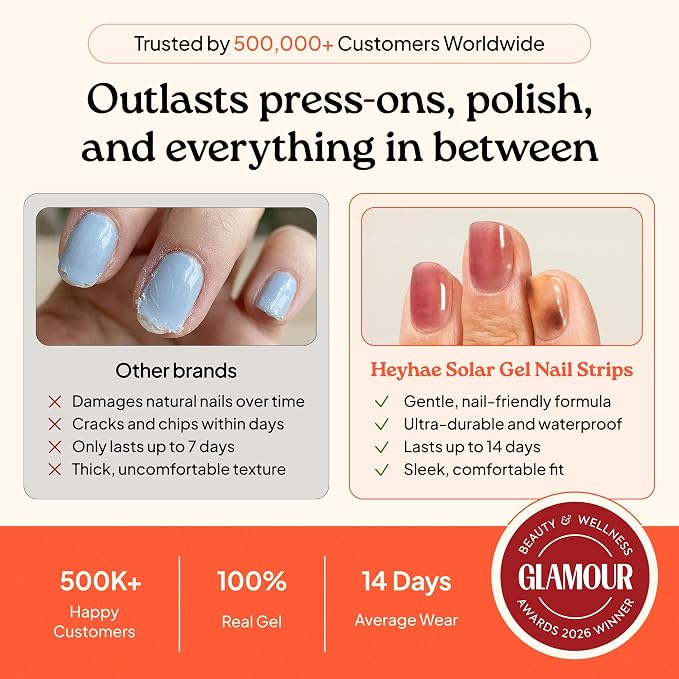 Heyhae Semi Cured Gel Nail Strips Salon Quality - Hey, She Ate | No UV Light Needed | Salon Quality, Easy Apply & Remove | 28 Strips, 1 Prep Pad, Nail File, Wooden Stick | Pink Marble