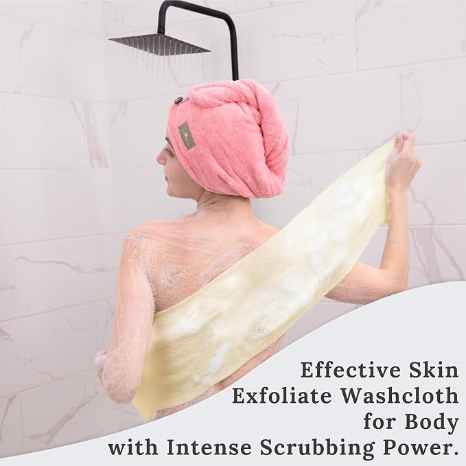 myHomeBody Exfoliating Washcloths for Showering, Cream, Set of 2 | Stretches for Hard-to-Reach Areas, Loofah Body Scrubber Exfoliator, Back Shower Towel, Bath Washer for Exfoliation