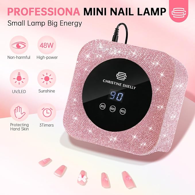 UV Light for Nails, Mini UV Nail Lamp with Auto Sensor Gel Nail Lamp | 48W | Travel Mini Size | 3 Timers | Rhinestone | Plug-in | Fast & even curing | DIY Manicure Nail School | Pink Diamond