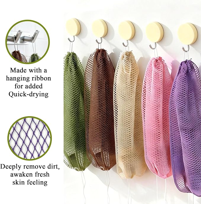 SubSahara Authentic African Net Sponge, 5 Pack 45-Inch Exfoliating Bath Sponge and Shower Loofah for Body and Back, Colorfast Quick-Dry Knotted Mesh Scrubber with Travel Pouch