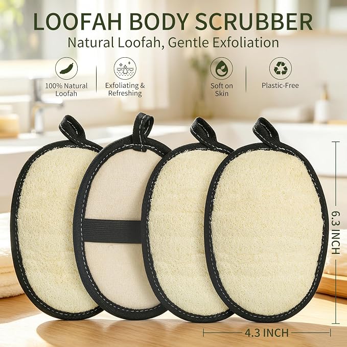 SAMEBUTECO Loofah Shower Scrubber Pads with Terry Cloth Backing, 4 Pack Black White