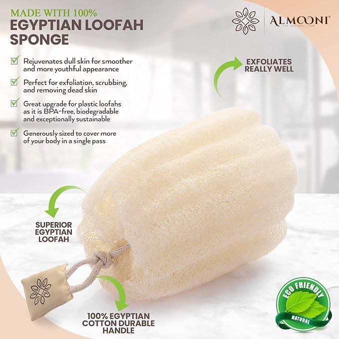 ALMOONI Natural Loofah Body Scrubber, Egyptian Loofah Sponge, 3 Count | Natural Egyptian Loofah Sponge, Round Shape Shower Sponge for Face & Body, Men & Women, Gentle Exfoliation, Large Size