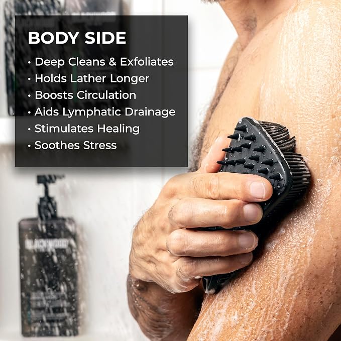 Blackwood For Men Double Duty Beard & Body Scrubber - Dual-Sided Men's Shower Tool - Handheld Body Wash Brush with Long Soft Silicone Bristles for Deep Cleaning - Short Exfoliating Tips for Beard Care