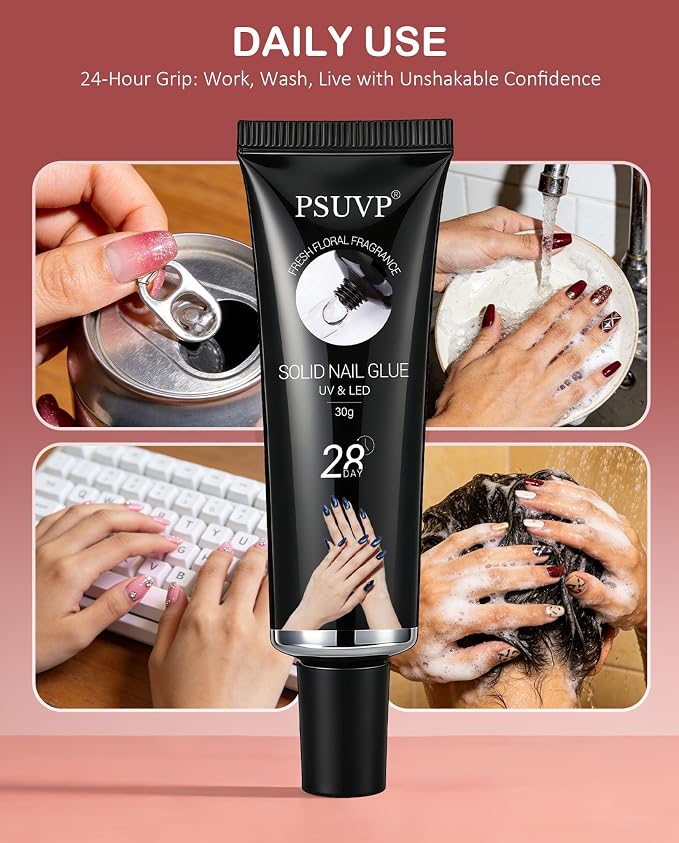 Solid Gel Nail Glue 30+30g w/Mini UV Lamp Acrylic Fake&Press OnNails | Strong, secure after cure, waterproof, long lasting, Mess-free & Easy use, Floral Scent, Safe & Gentle, Salon Quality at Home