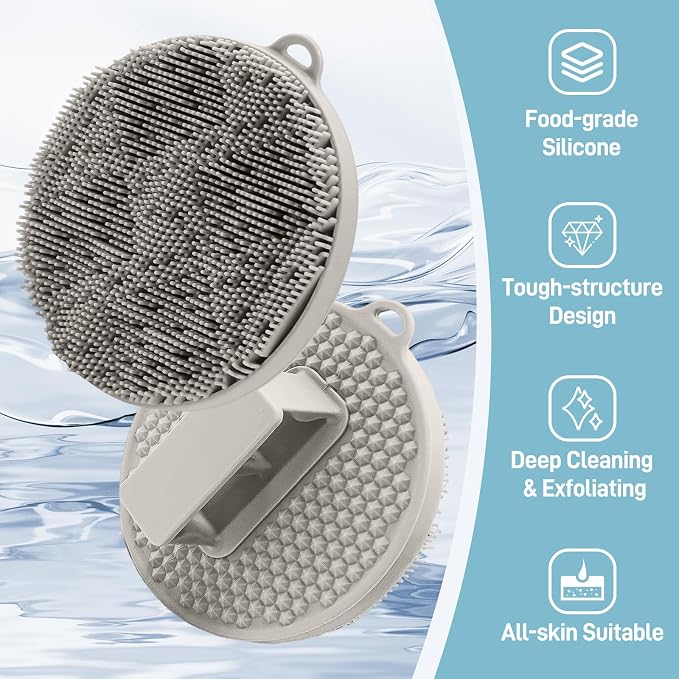 Silicone Face & Body Scrubber Set, Exfoliating Body Scrubber Face Scrubber with Dense Bristles & Non-Slip Handle, Gentle Silicone Loofah Face Brush for Good Lathering and Deep Cleansing(LGray)