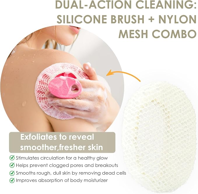 Food-Grade Silicone Body Scrubber with Exfoliating Net Sponge Case, 4pcs | Handheld Bath Cleansing Scrub Shower Brush Set For Women Men, All Skin Types, Deep Clean, Lather Well, INNERNEED
