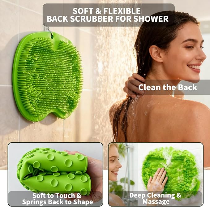 Shower Foot Scrubber Mat with 3 Types of Upgraded Brushes for Massage, Shower Back Scrubber with Micro Suction Cups,Non Slip Bathtub Shower Scrubber for Body at Home Spa(Sage)