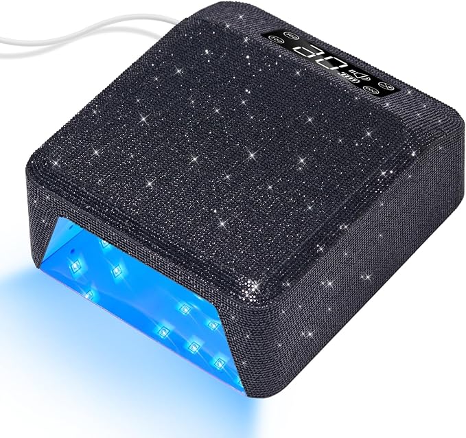 UV LED Nail Lamp, Plug-in Nail Dryer UV Light for Gel Nails Salon & Home | 39 Beads | 96W | Auto Sensor | Detachable Base | 4 Timers | Rhinestone | Black Sparkly