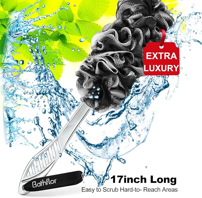 5 PCS Large Shower Loofah Bath Sponge, Body & Back Scrubber for Women Men | Charcoal Poufs, 4PCS 80g Extra Big Exfoliating Loofa Pack, 1PCS Long Handle Back Scrub Luffa, 1PCS Lufa Hook, Black