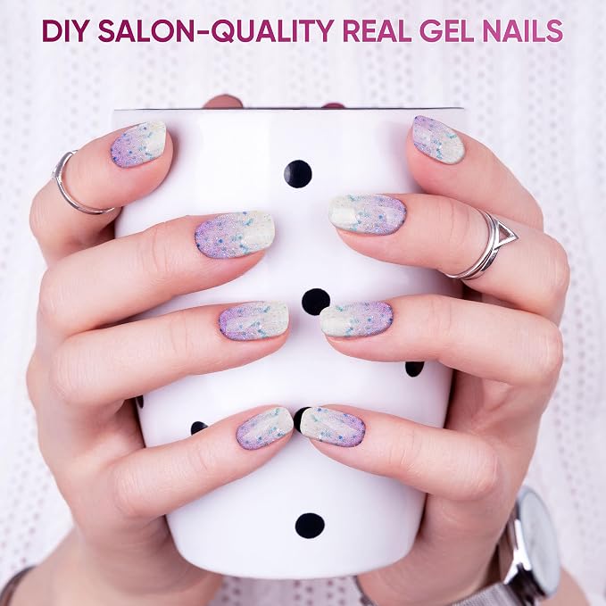 Semi Cured Gel Nail Strips, 22pcs UV Nails Polish Art Sticker, Nail Wraps with UV Light Required for Home Manicure DIY, Long Lasting, Easy Application & Removal, Salon Quality (Shine Purple 204)