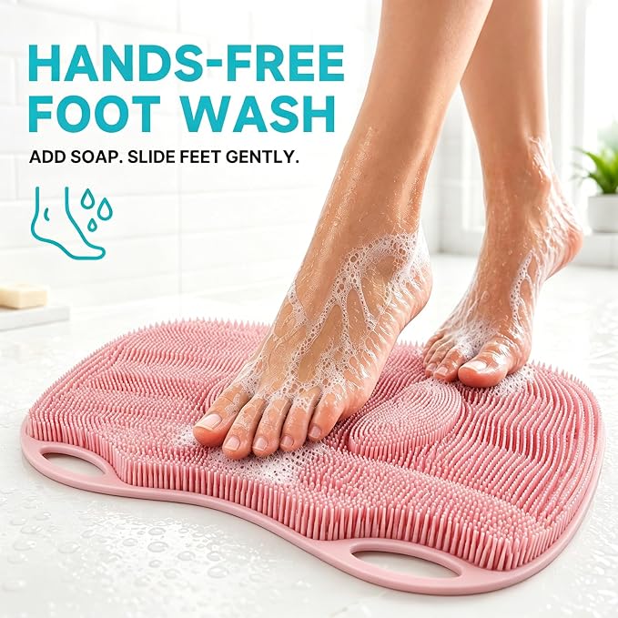 XL Silicone Shower Foot Scrubber Mat with Suction Cups, Foot Washer for Shower, Foot and Back Scrubber for Smooth Shower Wall or Floor, Pink, 17.32 x 12.99 in