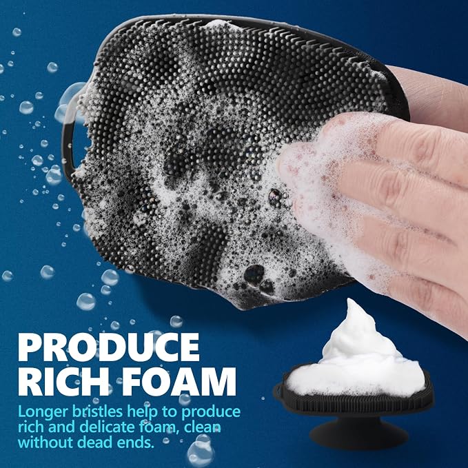 Soft Silicone Body Scrubber, Gentle Like a Hand Exfoliating Your Skin and Build Up Lather Easily, Back Large Suction Cup Easy to Store, Long-Lasting & Deep Clean (Black)