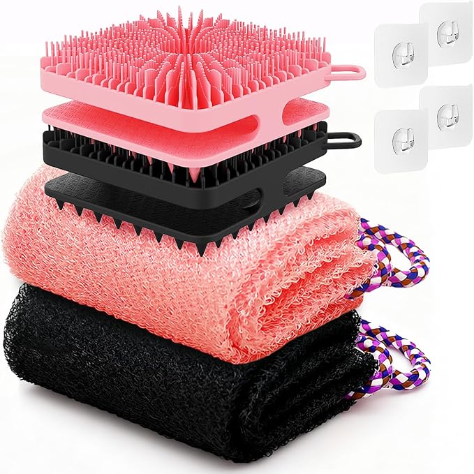Manmihealth Dual-Sided Silicone Body Scrubber & African Bath Sponge Net Set | 2-in-1 Silicone Shower Shampoo Brush Africa Wash Net, Lather Well, Strong Exfoliating, Body Hair Wash (Black+Pink)