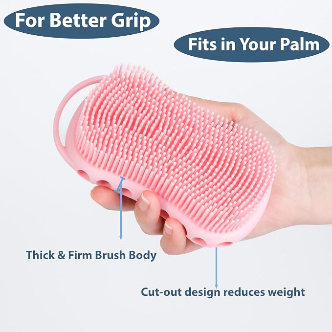 MtBoi Double-Sided Exfoliating Silicone Body Scrubber, 2-in-1 Bath Scrubber, Shampoo Brush, Silicone Loofah for All Skin Types, Shower Body Scrubber, Easy to Clean, Lather Well (Pink)