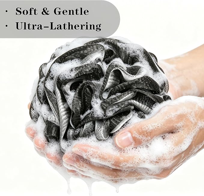 Bath Loofah Sponge 70 Grams Large Size, Black Soft Mesh Long-Lasting Shower Loofah for Rich Lather, 5 Pack Shower Sponge Exfoliating Cleaning Bath Loofa Body Scrubber Balls for Men & Women