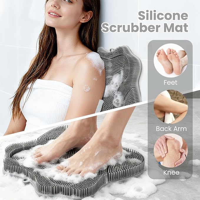 Shower Foot Scrubber Mat with Wall Mount Suction Cups, Foot and Back Scrubber for Use in Shower for Improve Skin Exfoliation (Grey)