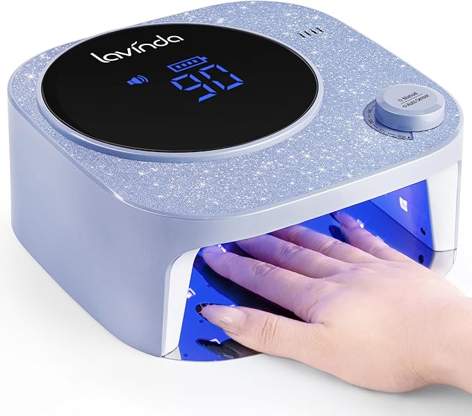 Lavinda 54W Purple Glitter Cordless Nail Lamp for Gel Nails | 36 dual-wavelength LEDs, low-heat curing, 4 timers, auto sensor, removable base, nail art practice, glam salon setups