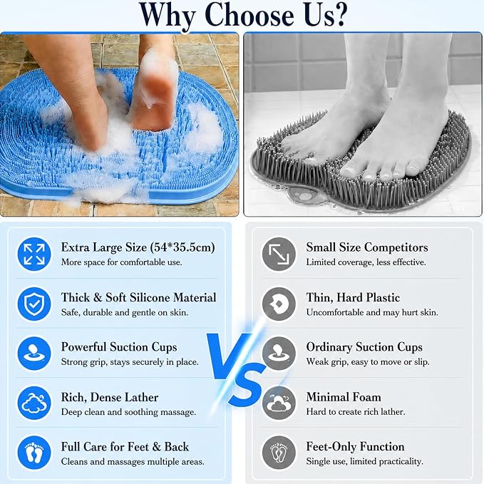 21.3" Silicone Foot & Back Scrubber Mat, Non-Slip Suction Cups Blue | Strong Suction Cups, Large, Silicone, Easy-Clean,Hangable,Perfect for pregnant women, seniors, anyone with limited mobility