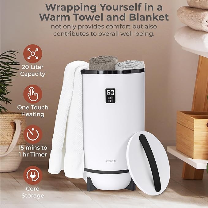 SereneLife Towel Warmer Bucket Style – Portable Blanket Heater for Spa and Bathroom, Large Capacity, Customizable Fragrance, Auto Shut-Off, Fits 2 Large Towels or Blankets, One-Touch Control, Black