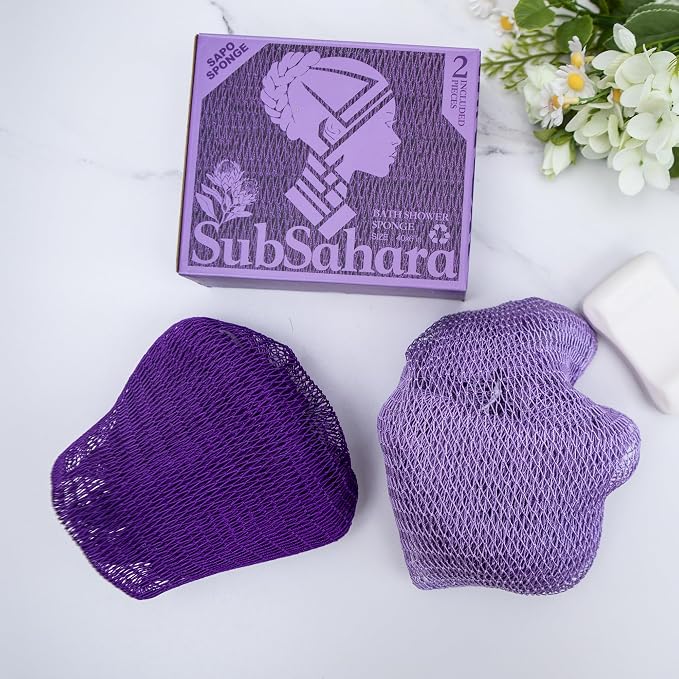 SubSahara Authentic African Net Sponge,2 Pack 45-In Exfoliating Bath Sponge and Shower Loofah for Body and Back,Colorfast Quick-Dry Knotted Mesh Scrubber with Travel Pouch(Deep purple&Iavender Purple)
