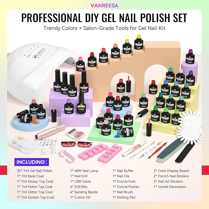 VANREESA 69PCS Gel Nail Kit with 48W U V Nail Lamp and Electric Nail Drill | 35 Summer Colors Gel Nail Polish with 1 Base & 4 Top Coat Complete Gel Nail Polish Set for Beginners Gifts for Women