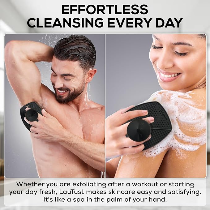 Silicone Body Scrubber — Suction Cup Mount & Hook, Gentle Exfoliating Shower Brush, Soft Loofah Alternative for Men, Women & All Skin Types — Graphite Black