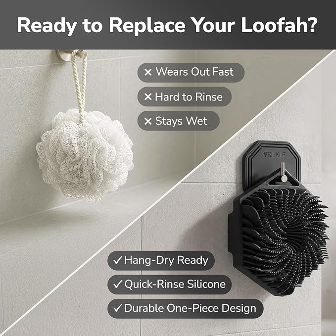 SILKLE Silicone Body Scrubber Exfoliator, Shower Scrubber & Silicone Loofah | Exfoliating Body Scrubber, Non-Slip Grip - Silicone Bath Brush & Shower Brush for Body, Quick-Rinse One-Piece Design - Black