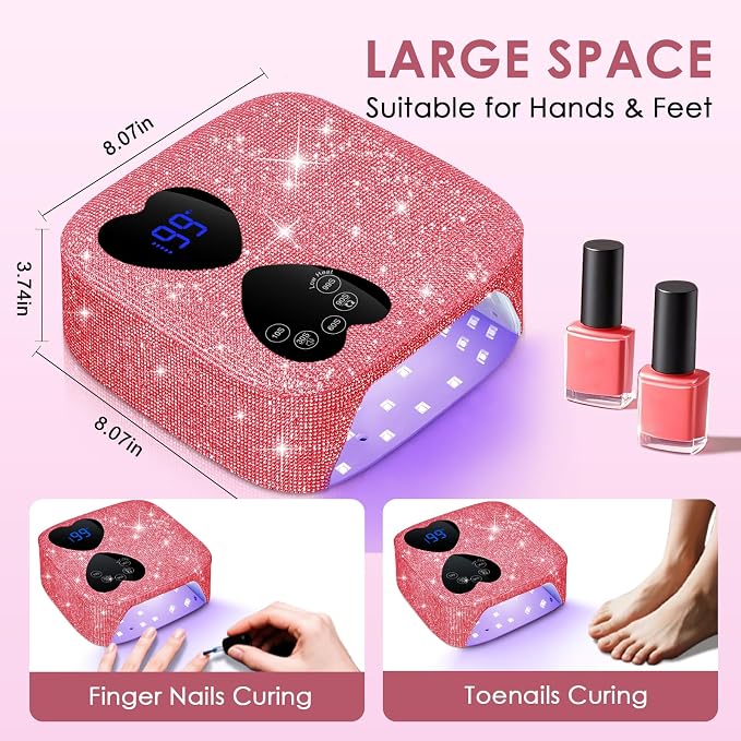 UV LED Nail Lamp Cordless, HUITINE 80W Rechargeable UV Light for Gel Nails | 5 Timers & Mirror Base, Professional Gel Light Dryer, Sparkling Rhinestones Curing Lamp for Salon & Home (Pink Diamond)