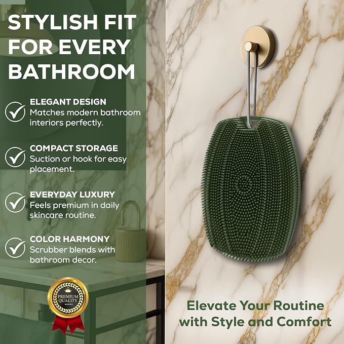 Silicone Body Scrubber — Suction Cup Mount & Hook, Gentle Exfoliating Shower Brush, Soft Loofah Alternative for Men, Women & All Skin Types — Sage Green
