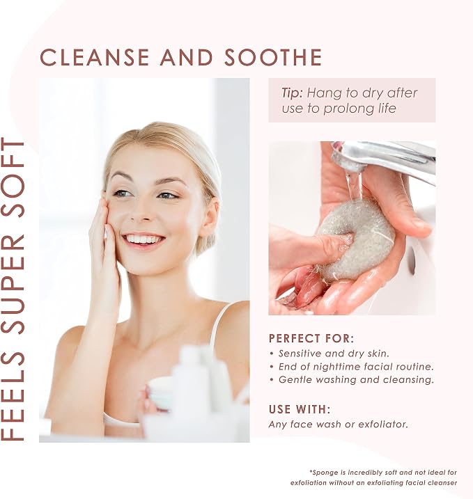 Konjac Sponge Face for Cleansing | Vegan + Microplastic Free | 100% Natural Plant Based | Non-Toxic | Sustainable Biodegradable | Eco-Friendly | Plastic Free Packaging