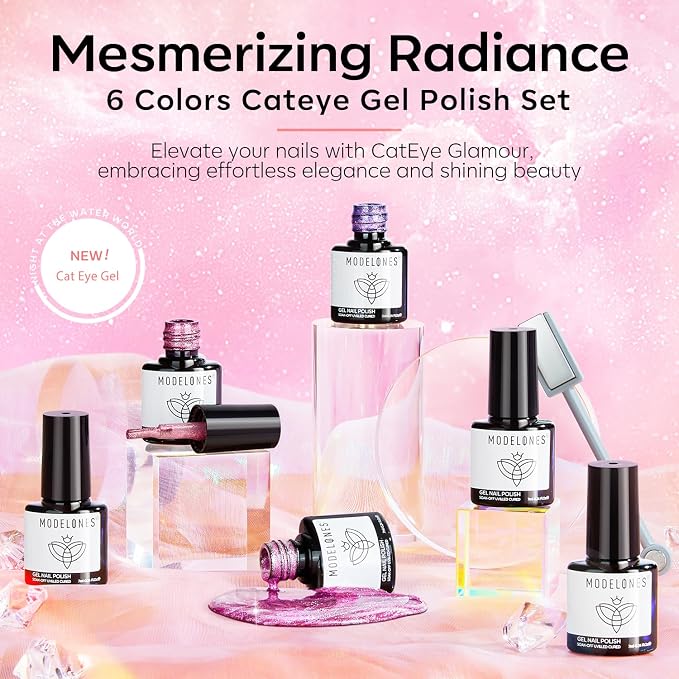 modelones Cat Eye Gel Nail Polish Set Glitter 6Colors Pastel Rainbow