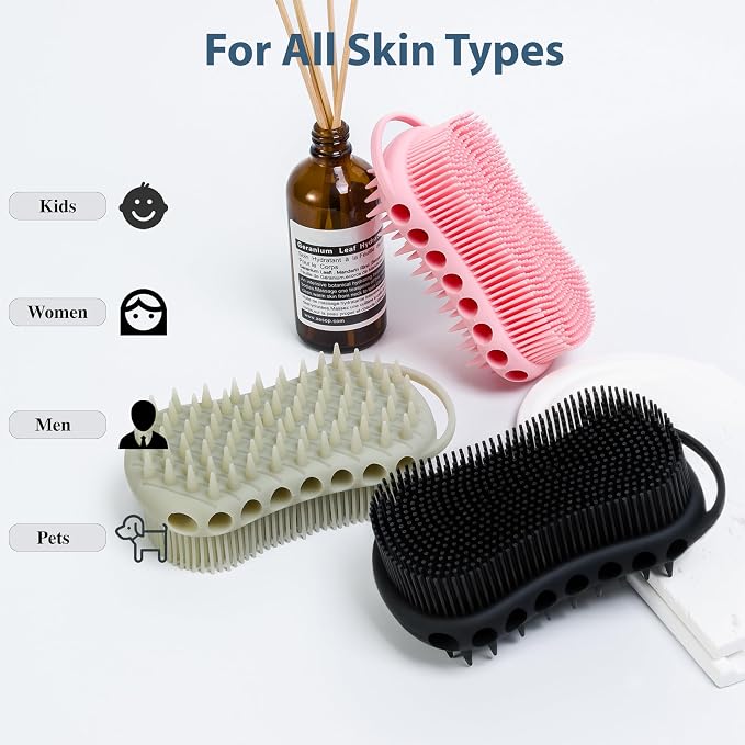 MtBoi Double-Sided Exfoliating Silicone Body Scrubber, 2-in-1 Bath Scrubber, Shampoo Brush, Silicone Loofah for All Skin Types, Shower Body Scrubber, Easy to Clean, Lather Well (Pink)