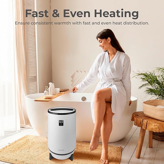 SereneLife Towel Warmer Bucket Style – Portable Blanket Heater for Spa and Bathroom, Large Capacity, Customizable Fragrance, Auto Shut-Off, Fits 2 Large Towels or Blankets, One-Touch Control, Black