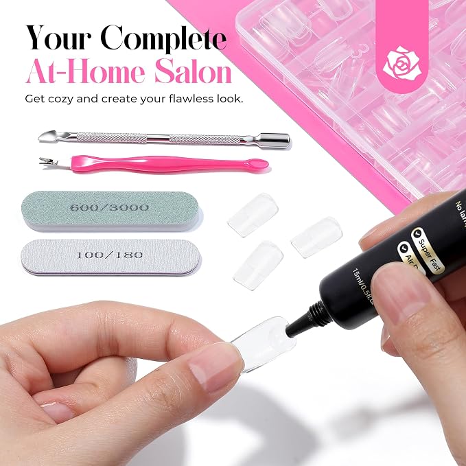 UNA GELLA Gel Nail Kit Short Square Nail Tips 216Pcs, Strong Glue Air Dry | Pre-etched Soft Gel Nail Tips Full Cover Semi Solid Nail Glue for Press on Nails No U V Lamp Needed Manicure Tools DIY Home