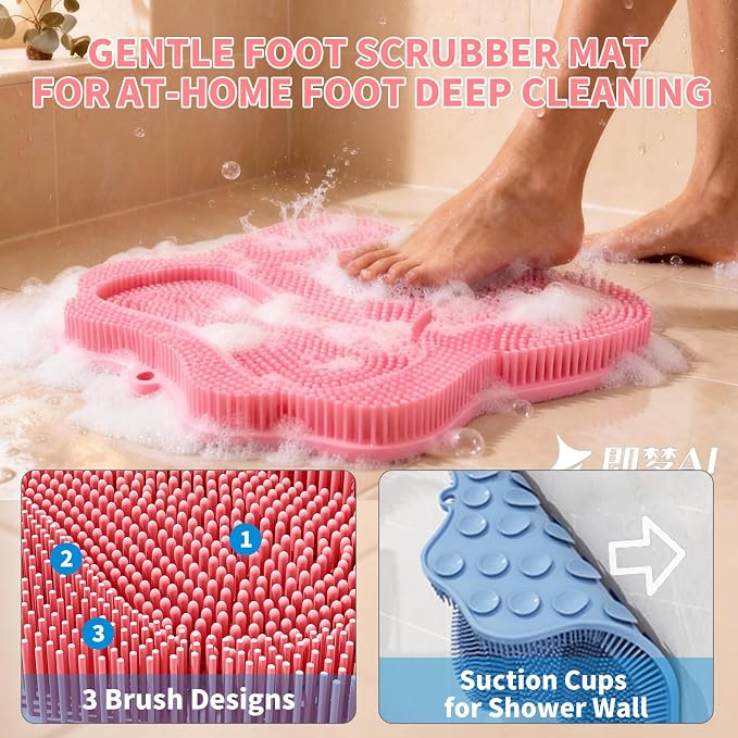 Show Foot Scrubber Mat & Silicone Back Scrubber with Butterfly Form Design,3 Brush Designs for Deep Cleaning Shower Foot Scrubber Mat, Wall Mounted Back Scrubber Silicone Bath(Pink)