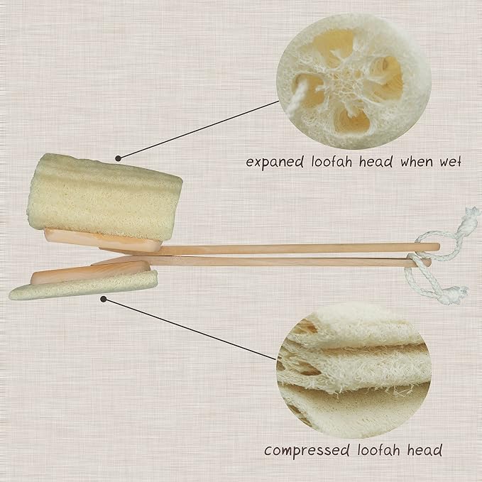 Natural Exfoliating Loofah Luffa Loofa Back Sponge Scrubber Brush with Long Wooden Handle Stick Holder Body Shower Bath Spa Pack of 1
