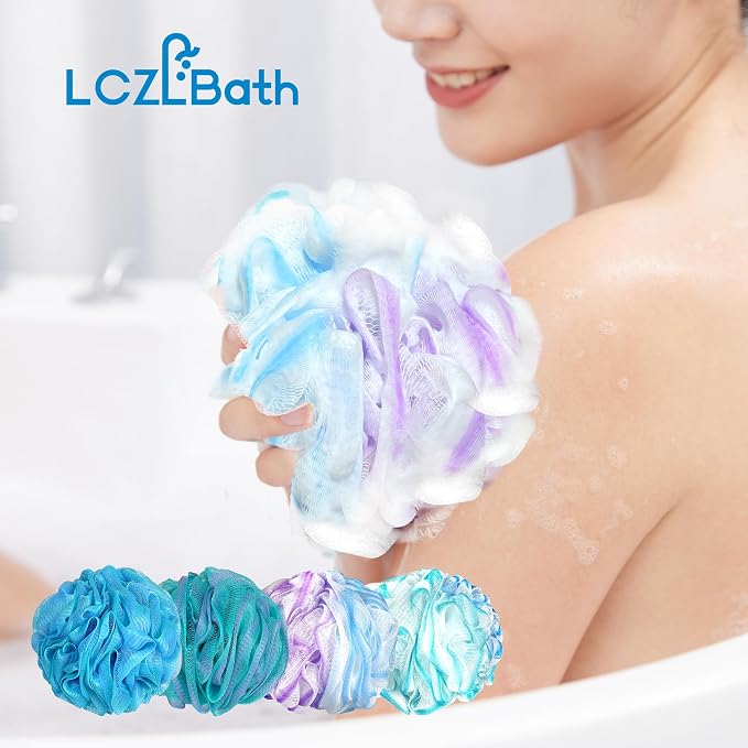 Shower Loofah 4PCS Soft Bath Body Sponge 60g Loofa Set Thick Wash Puffs for Women and Men (Purple-Blue-Green-Mixed)