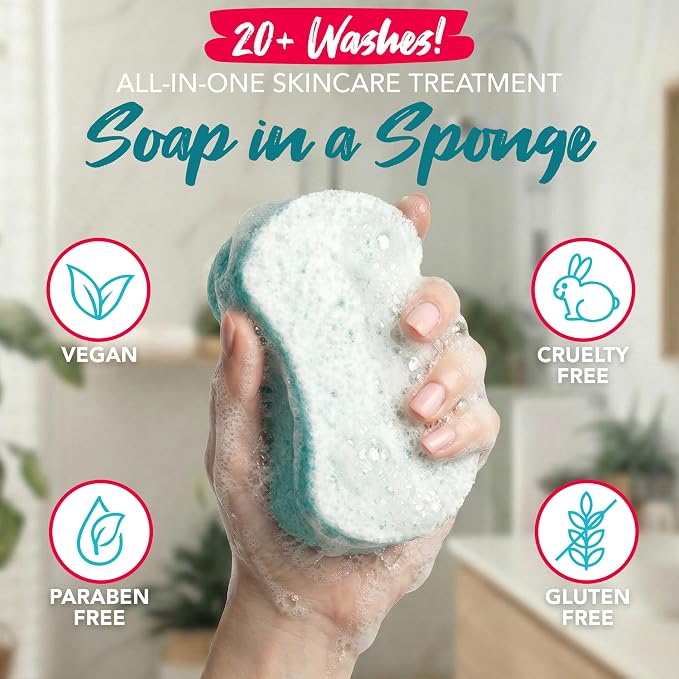 Spongeables Body Wash in a 20+ Wash Sponge, Sea Salt, 3 Count | Dual-Textured to Cleanse, Exfoliate, Moisturize, and Massage, Just Add Water to Activate the Soap in the Sponge