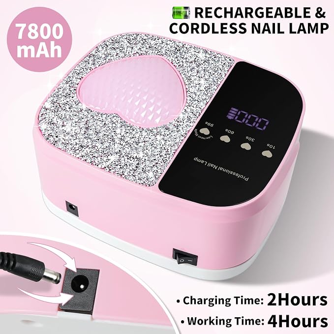 Nail Lamp Cordless, Rechargeable UV Light for Gel Nails, Professional Gel Light Dryer with 4 Timers, Professional Fast Curing, UV Light for All Gel Nails, Ideal for Salon & Home (Pink, Rechargeable)