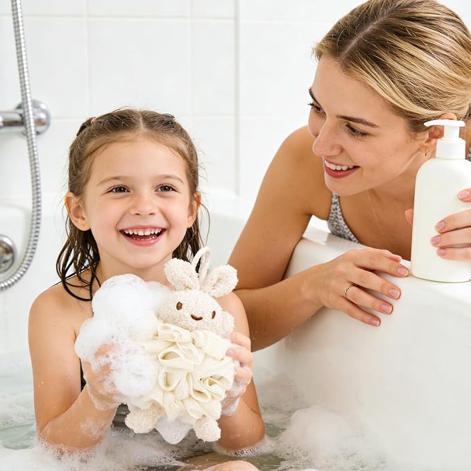 Bunny Bath Pouf 2-Pack, Kids Shower Loofah Sponges, Soft Mesh Gentle Exfoliating Body Puff, White (2Pcs)