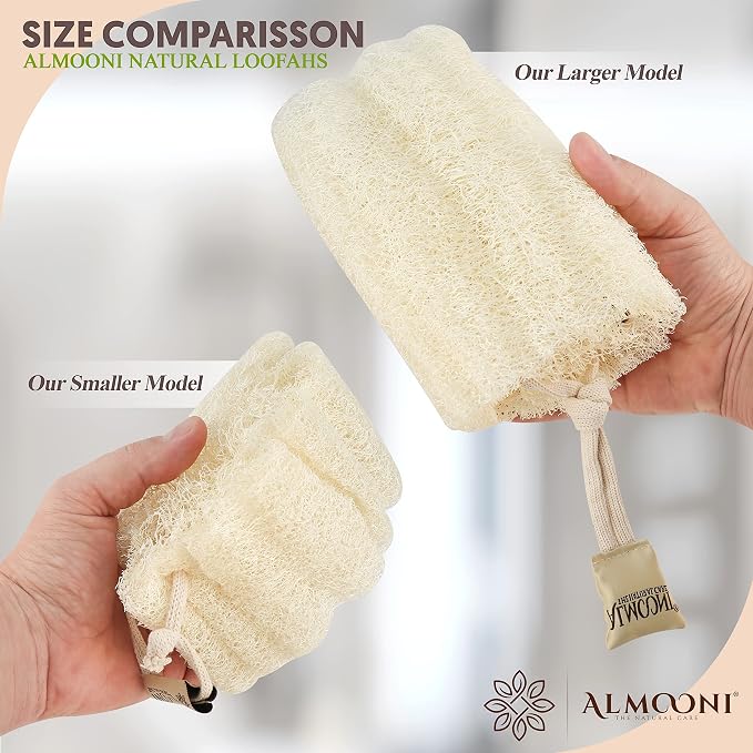 ALMOONI Mini Natural Loofah Sponge, Egyptian Shower Sponge, 3 Count | Real Natural Loofah Sponge, Shower Sponge for Body, Small Body Scrubber, Easy Grip, 3 Count