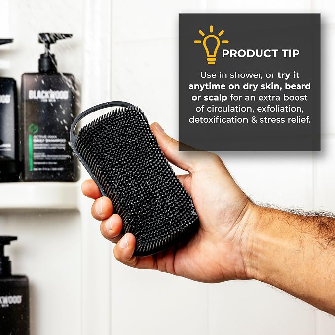 Blackwood For Men Double Duty Beard & Body Scrubber - Dual-Sided Men's Shower Tool - Handheld Body Wash Brush with Long Soft Silicone Bristles for Deep Cleaning - Short Exfoliating Tips for Beard Care