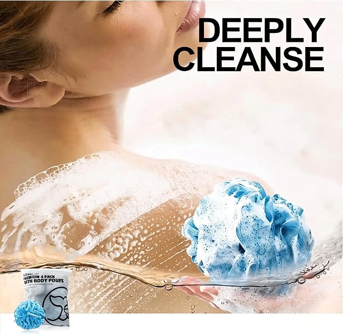 Loofah Bath Sponges - Gentle Exfoliating Shower Loofah for Rich Lather, Durable Mesh Body Scrubber for Men & Women 4 Pack (Sky Blue) | 10X Suds Save Body Wash Double Knotted Anti Tear Core Fast Dry Cotton Loop Stay Fresh Large Mesh for Sensitive Skin